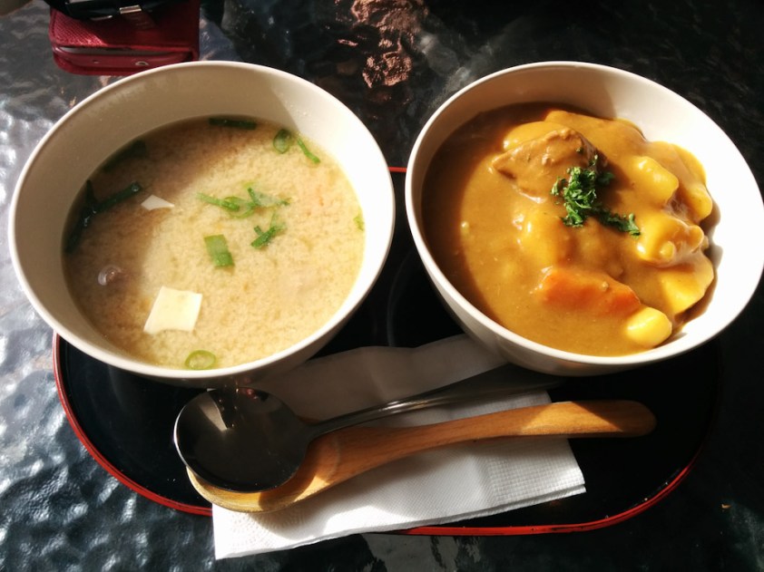 Miso Soup and Beef Katsu Don on a bed of rice