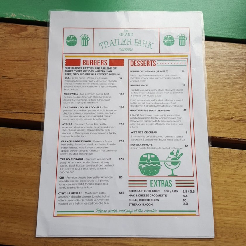 The Grand Trailer Park Taverna Menu